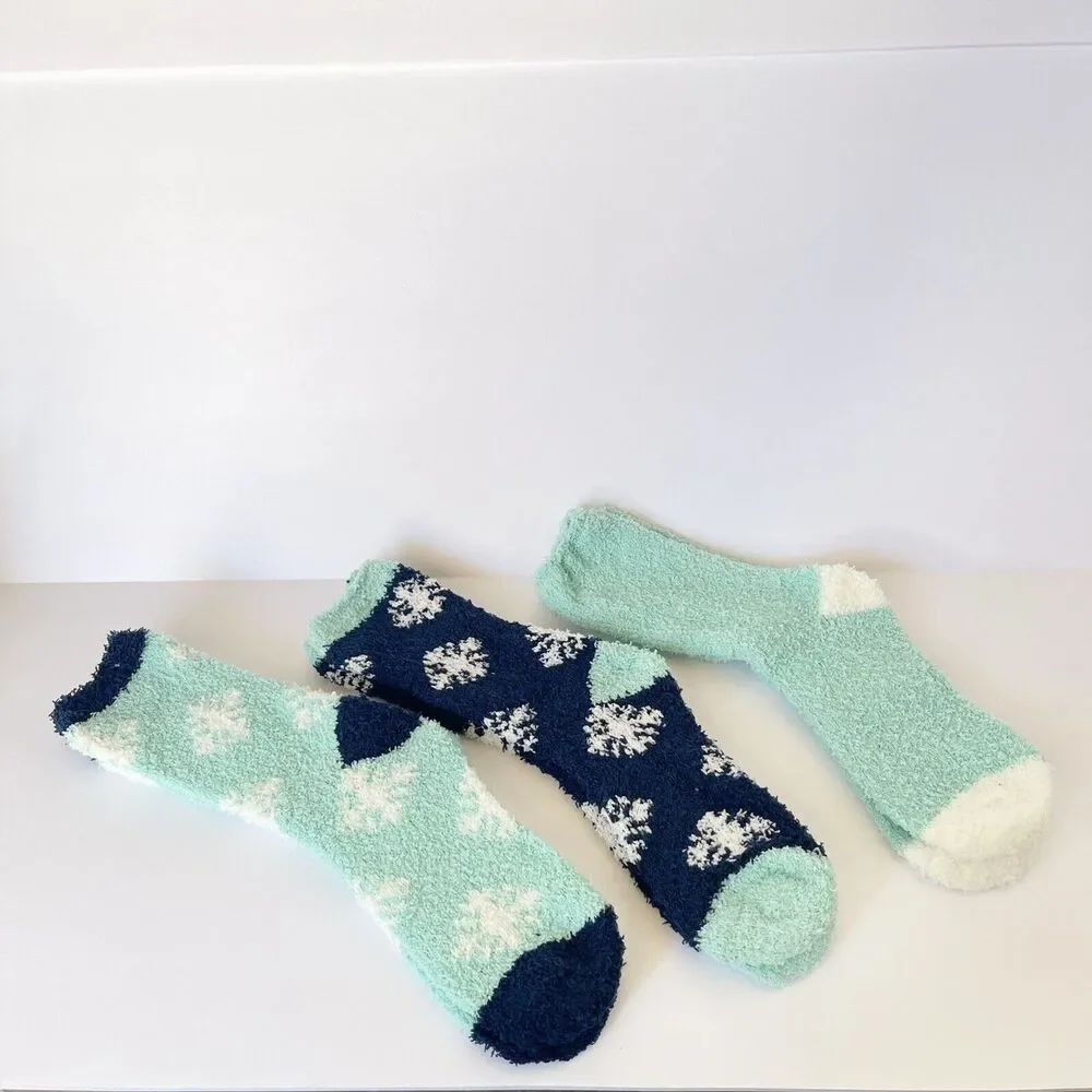 3 Pairs Women’s Fuzzy Cozy Slipper Socks Winter Warm Soft Plush Blue Size 9-11